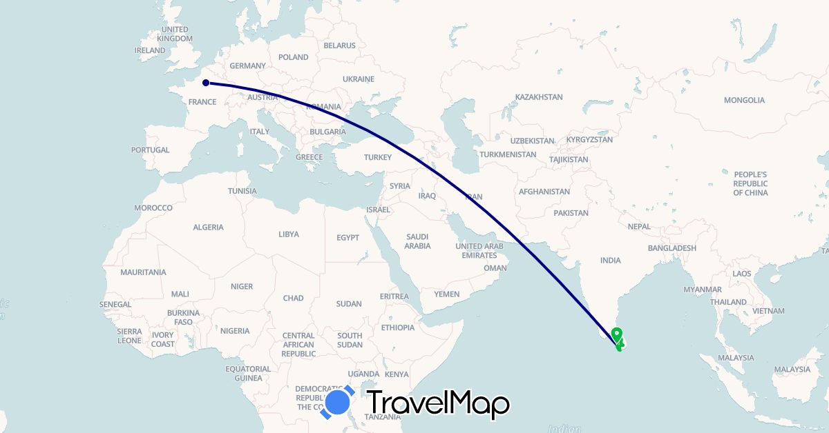 TravelMap itinerary: driving, bus in France, Sri Lanka (Asia, Europe)